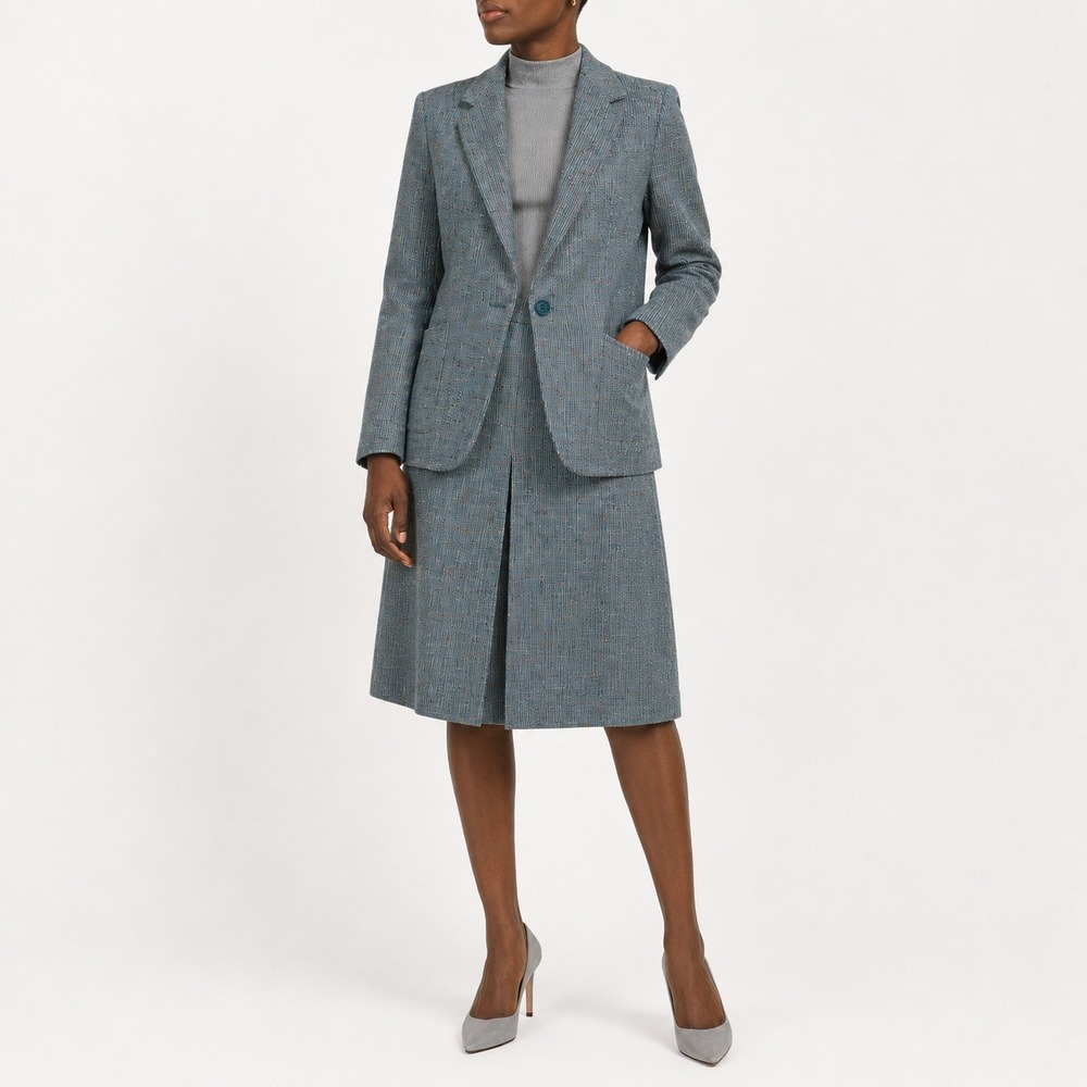 70s Confetti Fleck Skirt Suit Women M Teal Blue A Line Textured Pleated Midi Mod